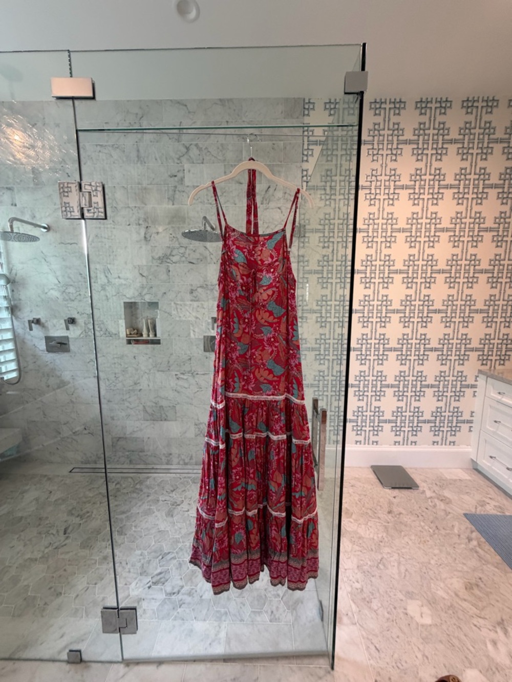 Bohemian Red Floral Tiered Maxi Dress with Spaghetti Straps